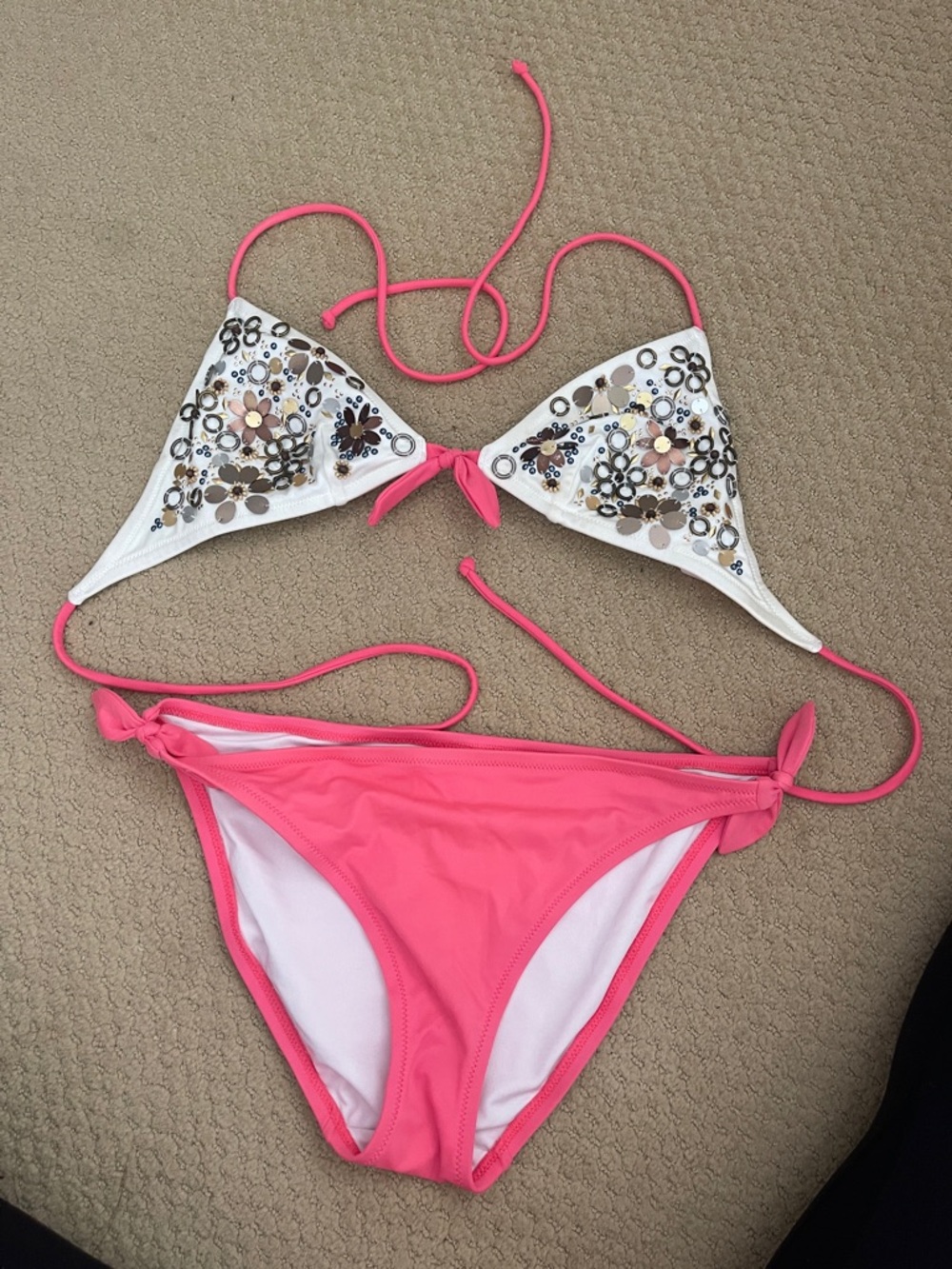 Victoria's Secret Pink and White Embellished Triangle Bikini